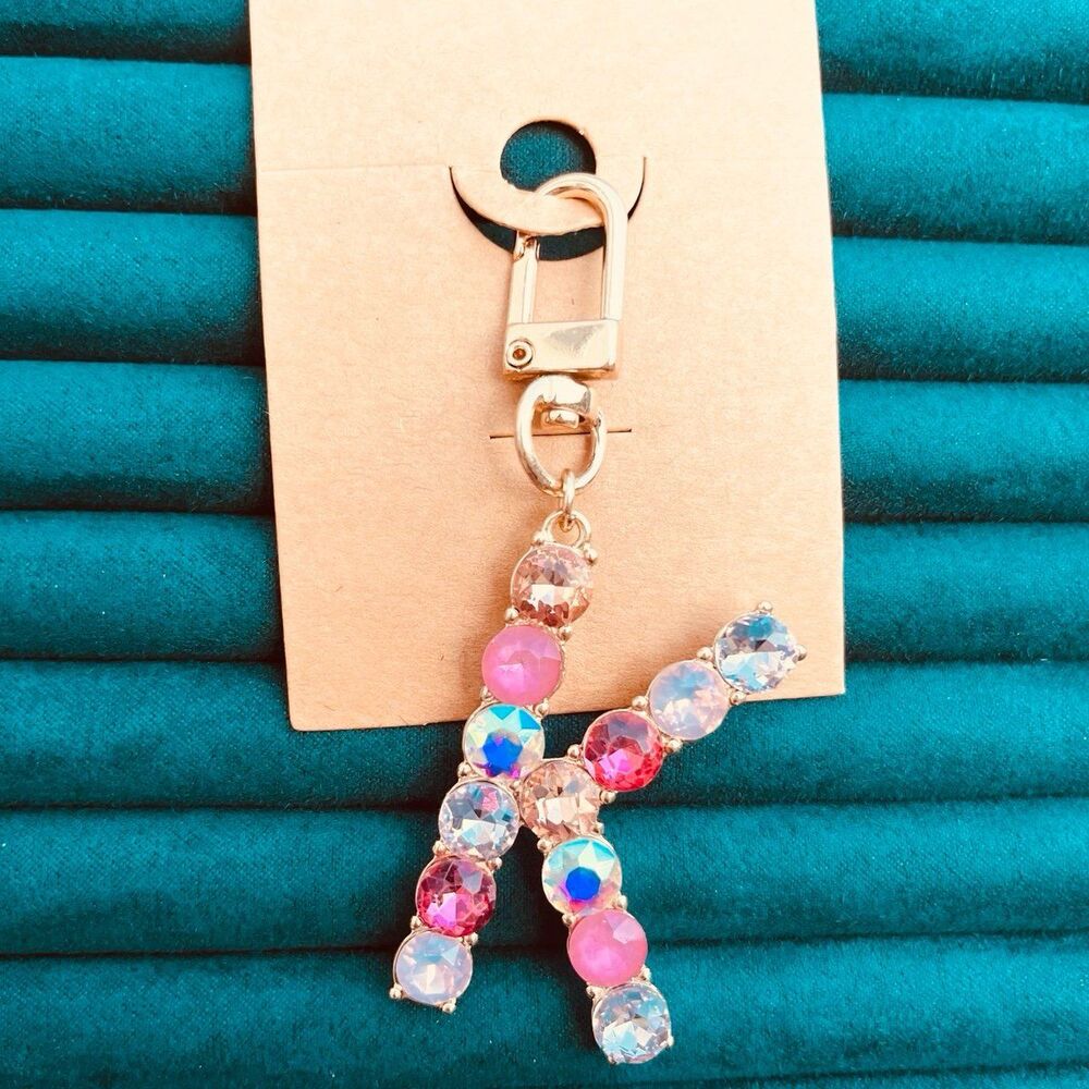 Rhinestone Letter “K” Keychain Bag Charm – Pink & Iridescent Crystals - Picture 9 of 10